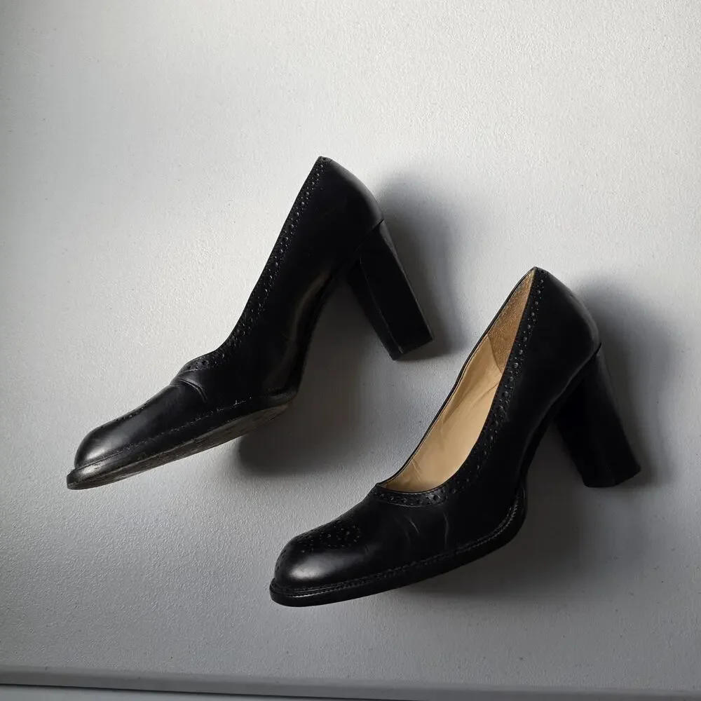 Y2K Antonio Melani Shoes Womens 7.5M Black Leather Block Heel Round Toe Pumps